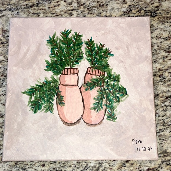 Other - Handmade Winter Mittens & Pine Branches Painting 12”x12” Canvas Signed Art
